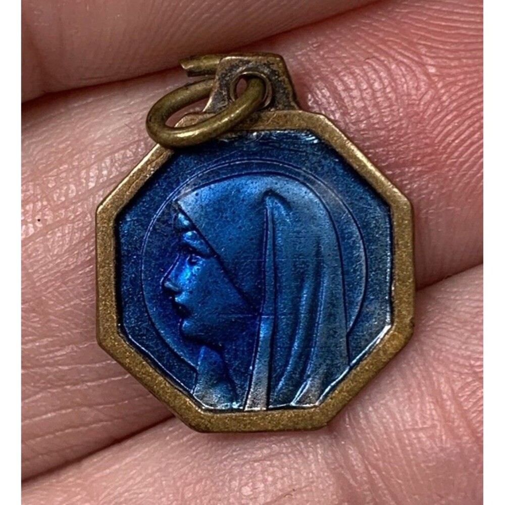 Catholic Vintage Blue Enamel Our Lady of Lourdes Small Religious Medal